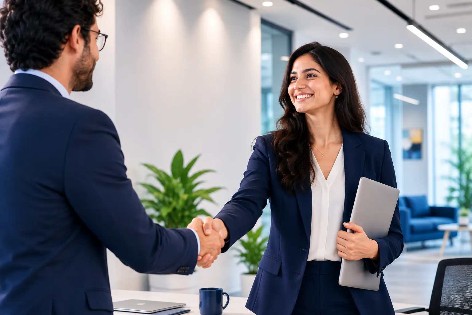A Rimaya recruiter welcoming a candidate with a handshake in a modern office